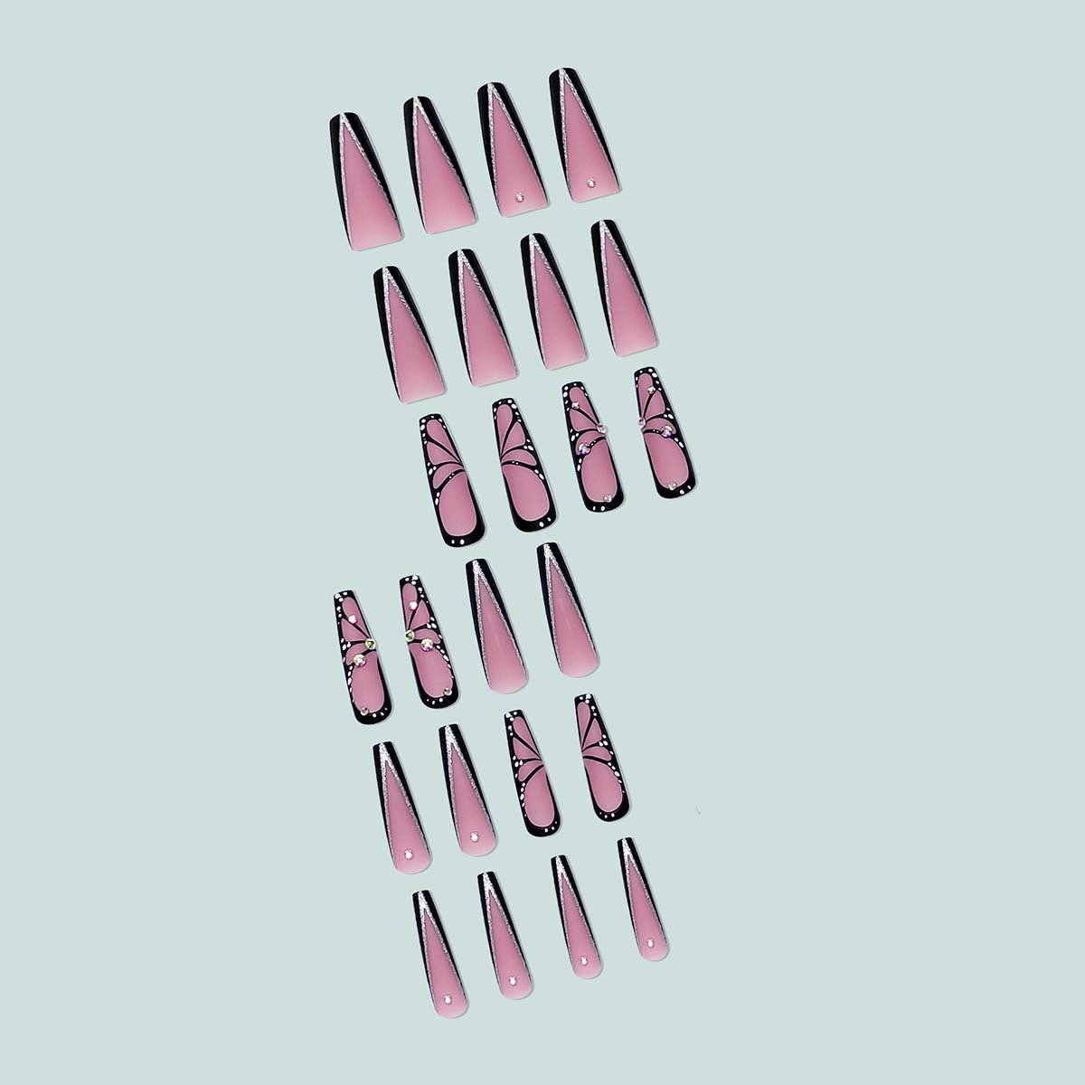 Kunstvolle Stiletto Kunstnägel mit Glitzer- und Schmetterlings-Motiv Brehn