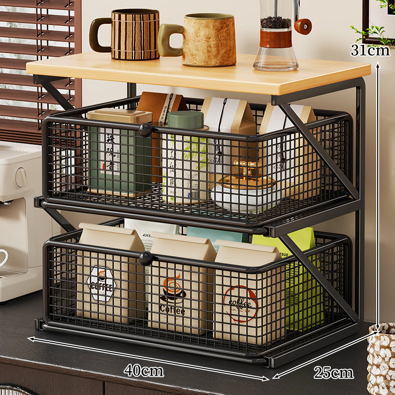 Küchenarbeitsplatte Kaffee Station Organizer mit Holzoberfläche und Metalldrahtkorb