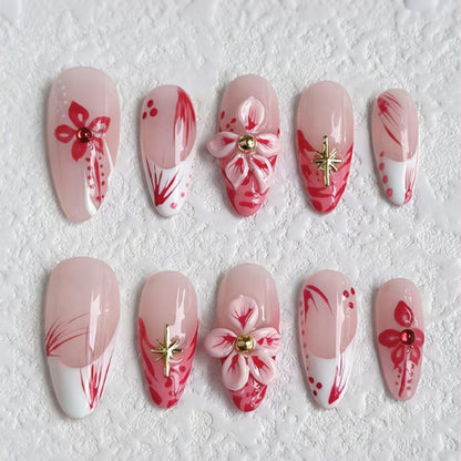 Kunstnagelset mit floralen Designs und 3D-Verzierungen Brehn