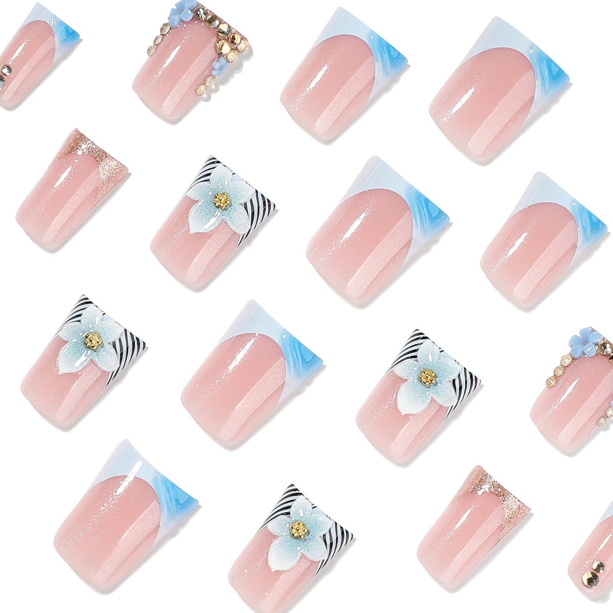 Kunstvolle Nagelverlängerungen mit Floral-Design und Glitzer Brehn