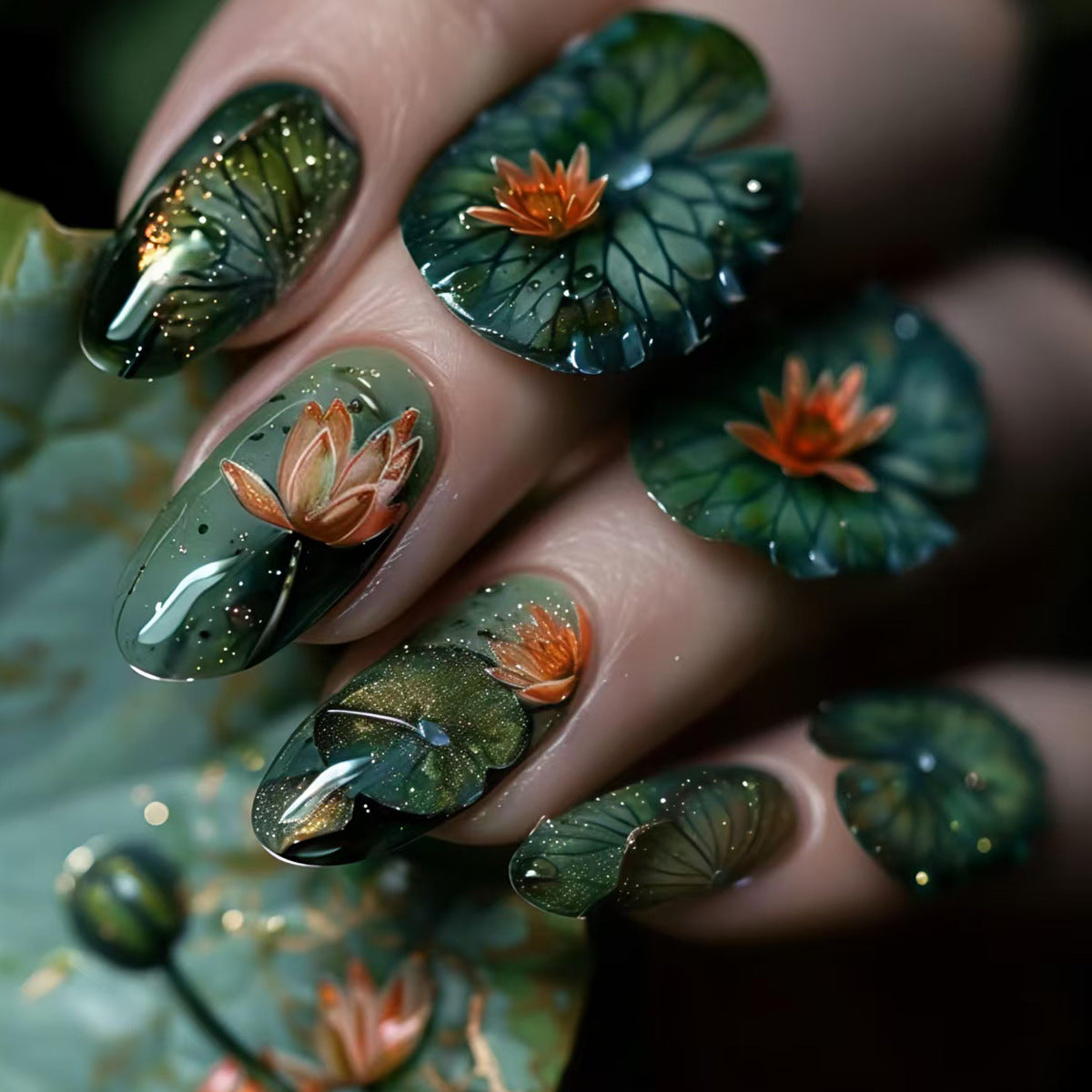 Künstliche Kunstnägel mit Elegantem Wasserlilien-Design Brehn