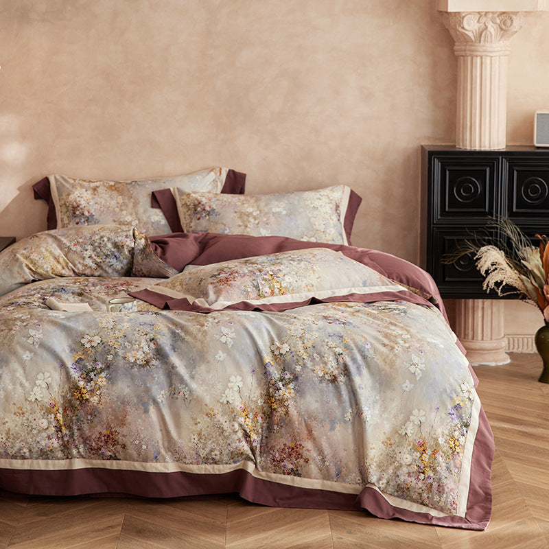Luxuriöses florales Satin-Bettbezug-Set mit pipiertem Rand