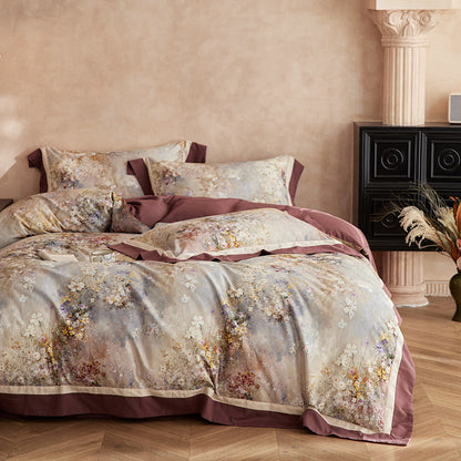 Luxuriöses florales Satin-Bettbezug-Set mit pipiertem Rand
