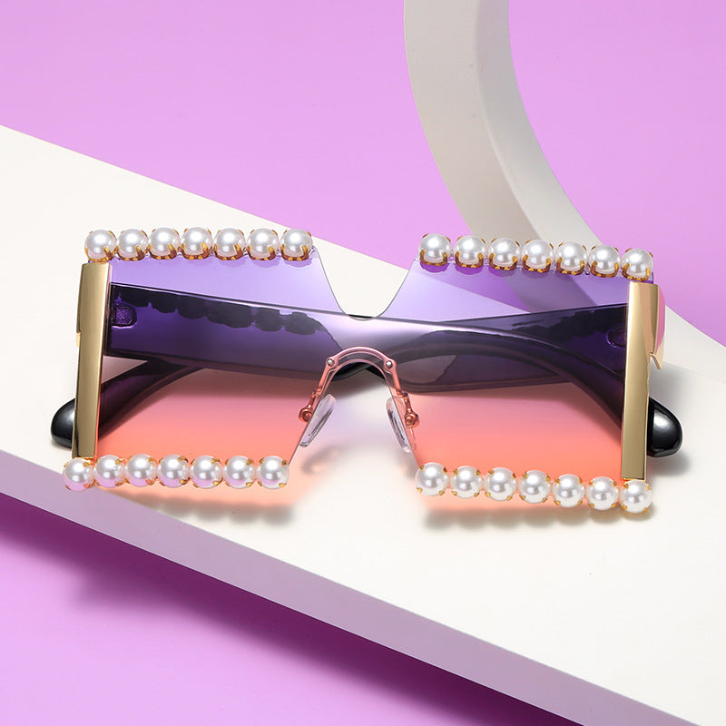 Damen extravagante Rechteck-Sonnenbrille mit Perlenschmuck und UV-Schutz Brehn