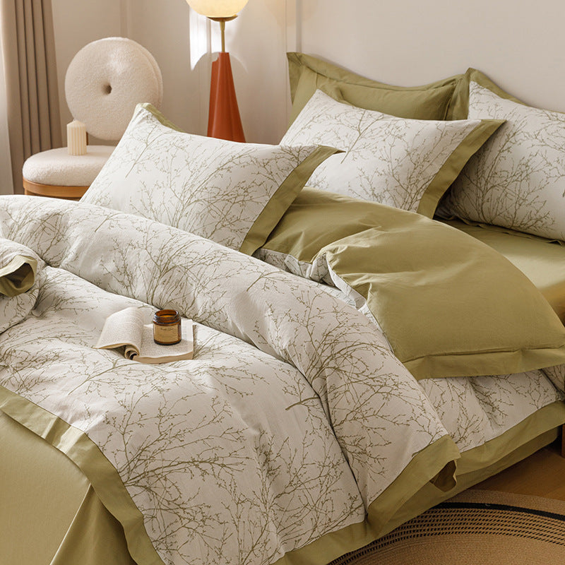 Botanischer Zweigdruck Wendbarer Baumwollsatin Bettbezug Set mit Umschlag Kissenbezügen