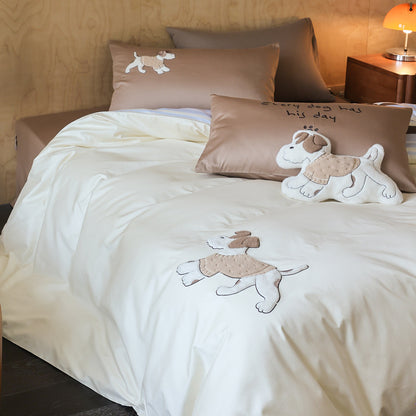 Bestickte Hund-Applikation Baumwolle Bettwäsche Set mit Wendbarem Gestreiftem Panel & Kissenbezügen