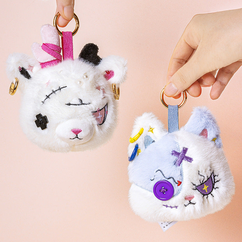 Faux-Fur Bunny Charm Schlüsselanhänger mit gesticktem Patchwork-Gesicht und goldenem Metallring Brehn