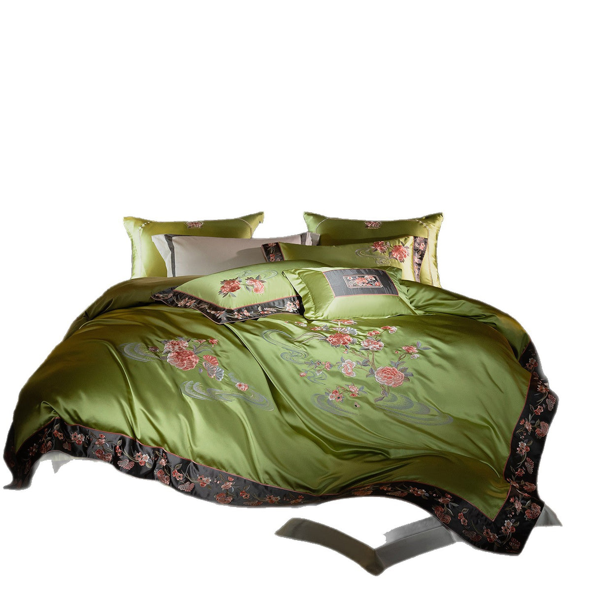 Luxuriöser Satin-Feel gestickter Bettbezug Set mit floralem Applikation