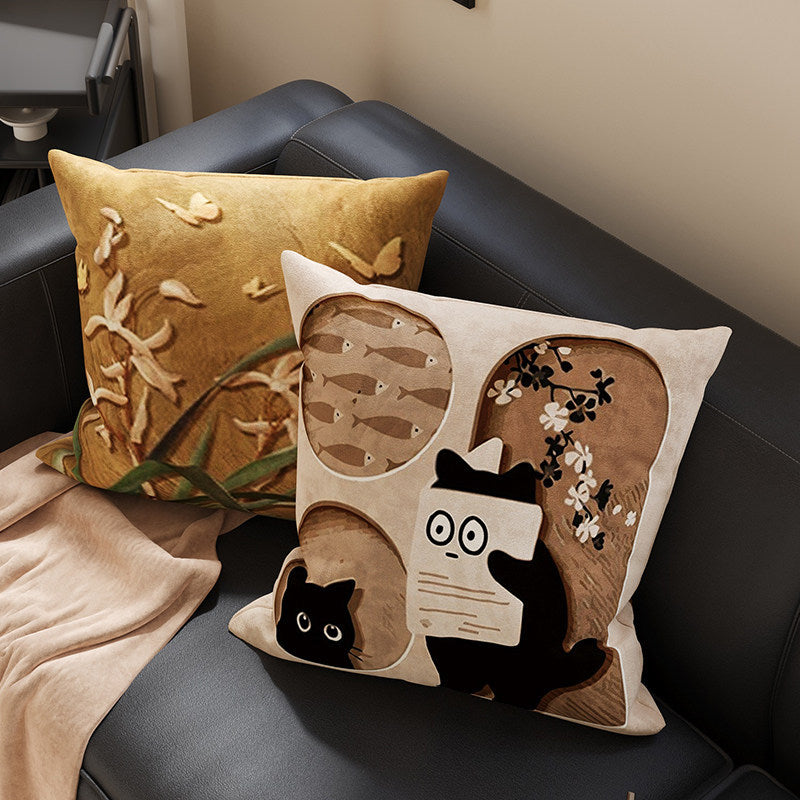 Plush Velvet Decorative Square Throw Pillow Cover with Cartoon Dog Family Illustration and Hidden Zipper