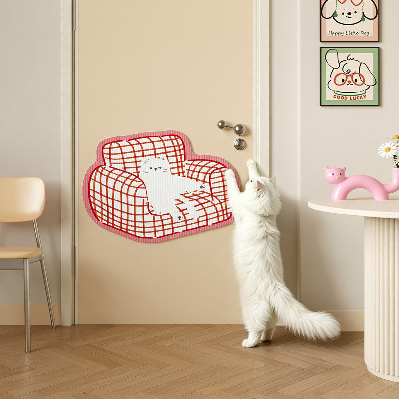 Wall-Mounted Cat Scratching Pad and Door Protector with Plush Sofa Illustration