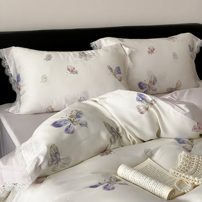 Bettwäsche-Set aus Satin mit Schmetterlingsmuster und Spitzenrand