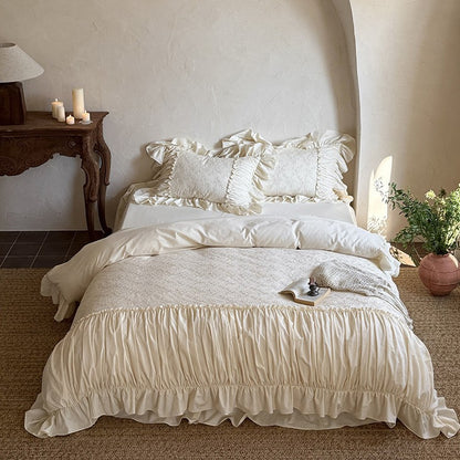 Romantisches besticktes Baumwoll-Bettwäscheset mit Volants und floraler Jacquard-Stickerei