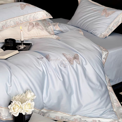 Satin-Gefühl Bestickte Schmetterling Bettbezug Bettwäsche Set