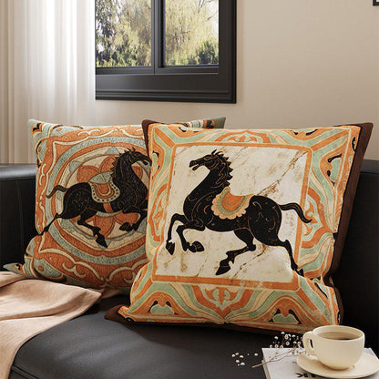 Embroidered Medallion Horse Velvet-Texture Decorative Throw Pillow Cover with Hidden Zipper