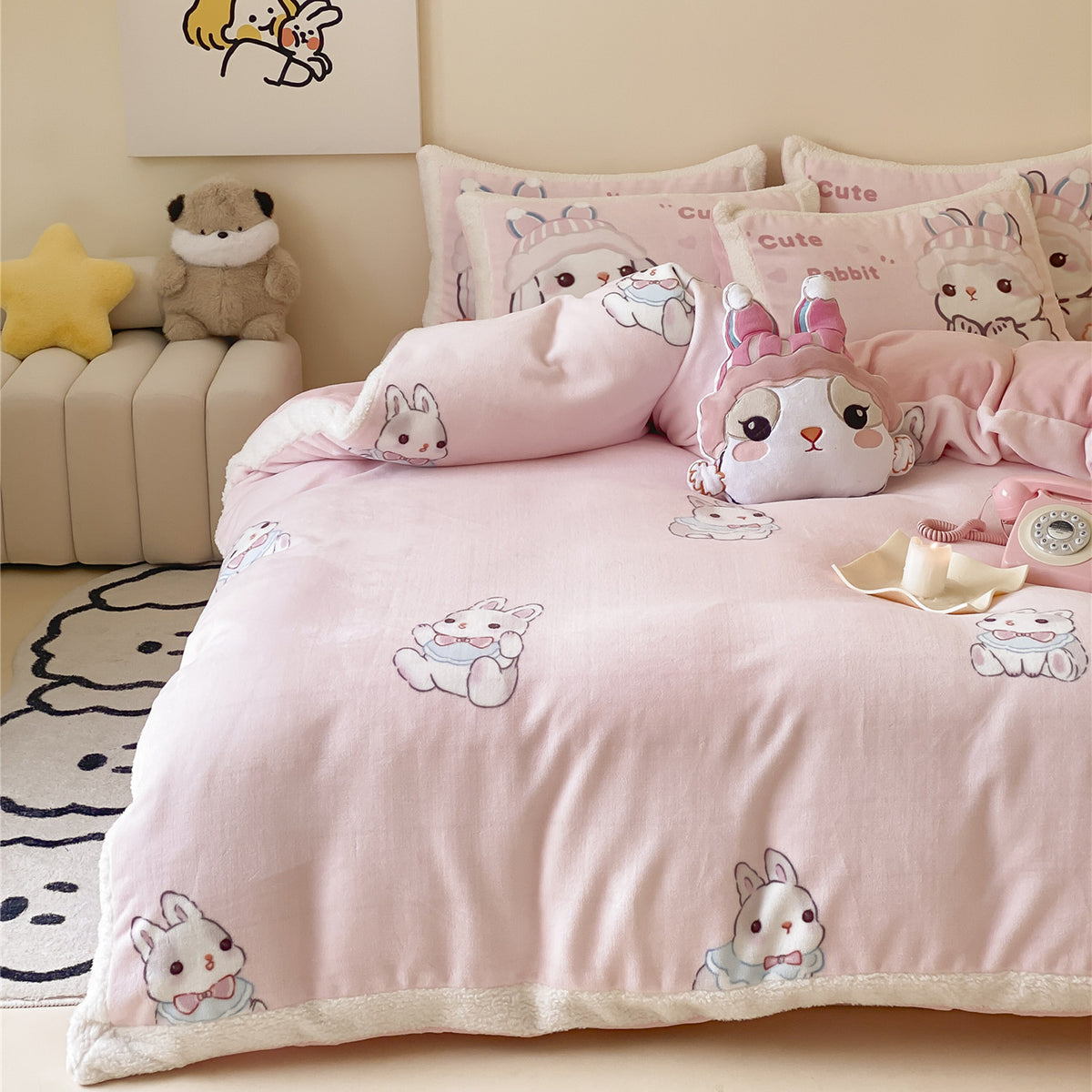 Kinderbettwäsche-Set mit Teddyfleece-Besatz und niedlichen Panda- & Bärenmotiven