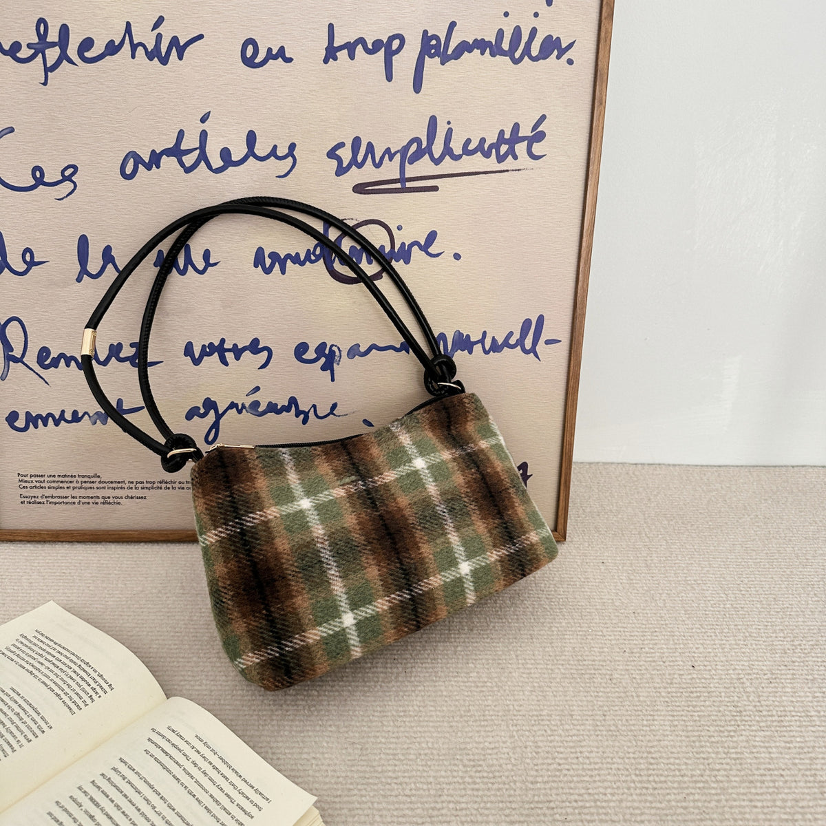 Kariertes Wollmischung Handtasche