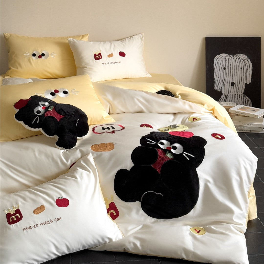 Cartoon Applikation Plüsch Katze Bettdeckenbezug Set mit Micro-Satin Wendeseite & Kopfkissenbezügen