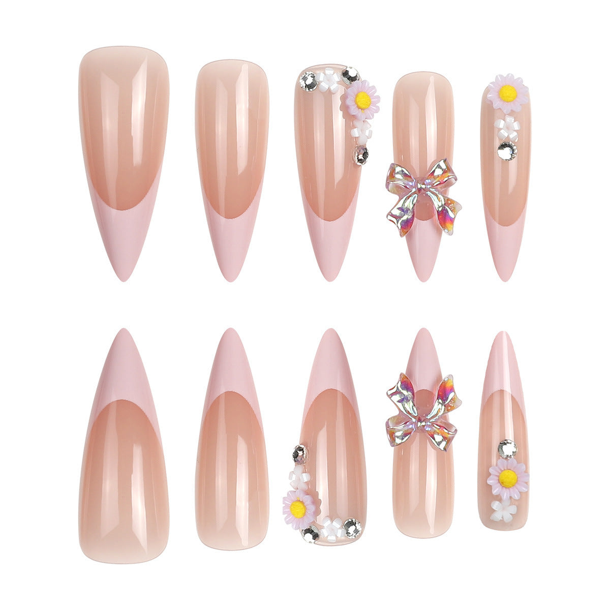 Elegante Stiletto Press-On Nägel mit floralen und Schmuckakzenten Brehn