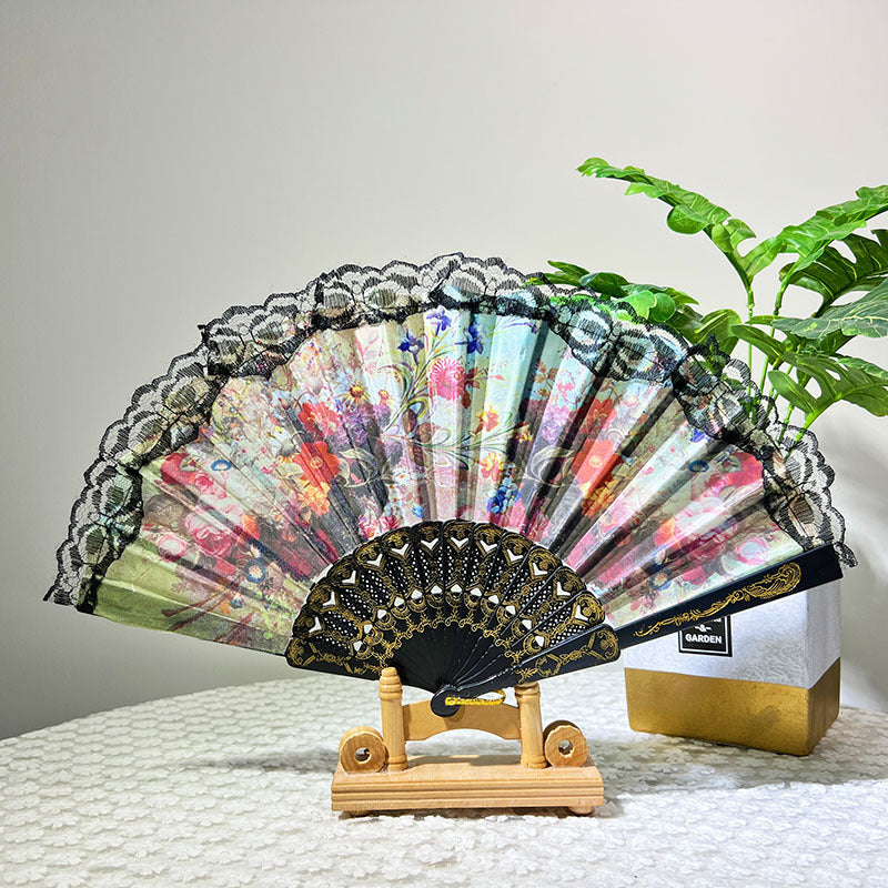 Damen Eleganter Handfächer mit floralem Design und Spitzenrändern Brehn