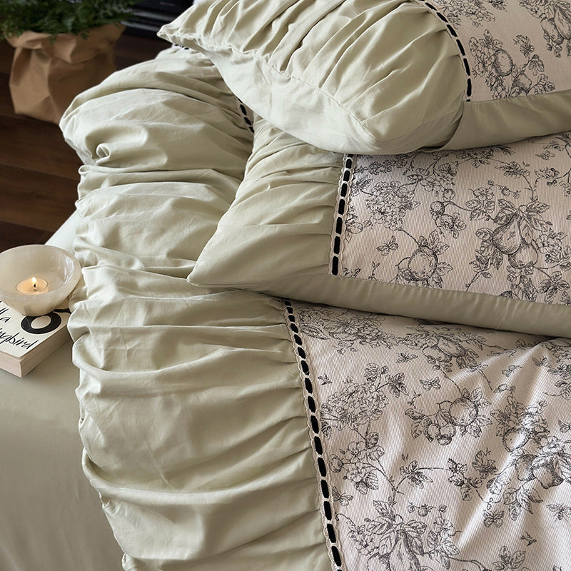 Floral Baumwolle-Leinen Wendebettbezug Set mit Rüsche, Kontrastpaspel und dekorativen Schleifen-Kissenbezügen
