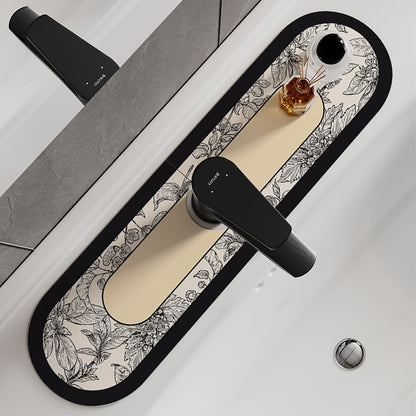 Decorative Oval Silicone Faucet Splash Guard Mat with Floral Engraved Print and Non-Slip Backing