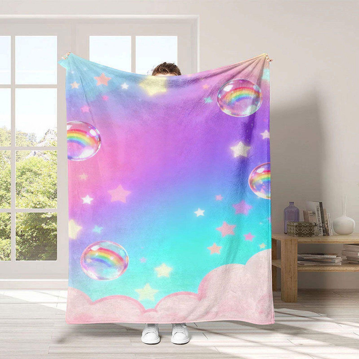 Gemütliche Regenbogen-Thema Fleece-Wurfdecke