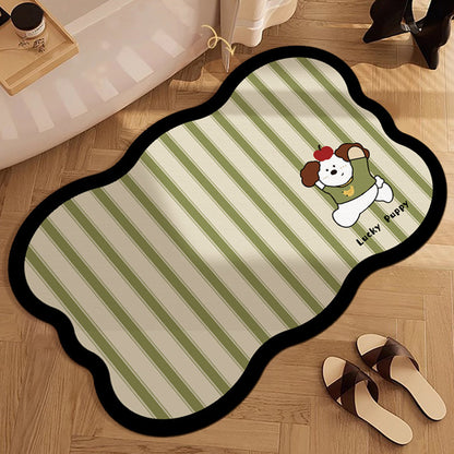 Decorative Scalloped Non-Slip Striped Bath Mat with Lucky Cat Print