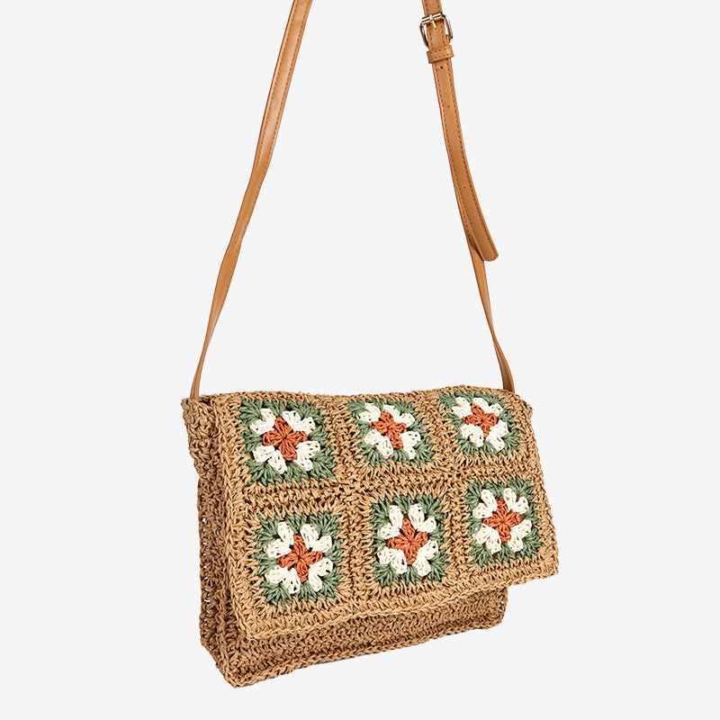 Damen Handtasche aus geflochtenem Naturmaterial mit bunten Applikationen Brehn