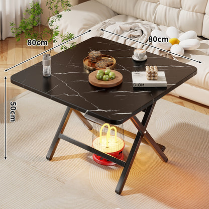 Faltbarer quadratischer Kaffee- und Beistelltisch mit Marmor-Effekt-Top und zusammenklappbarem X-Beinrahmen