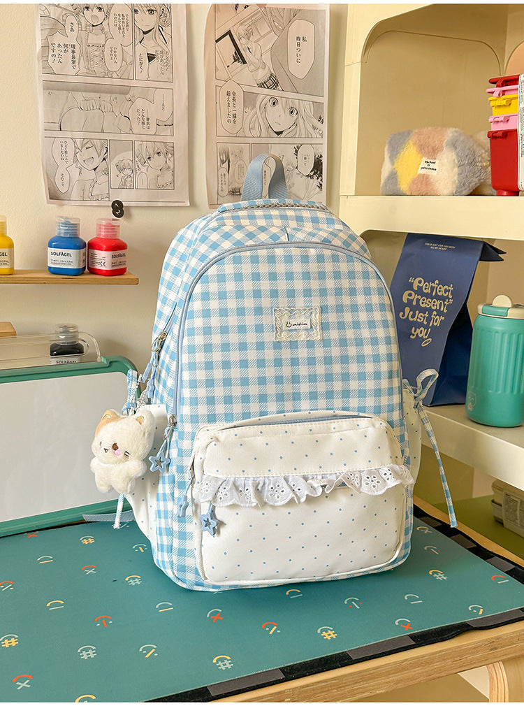Niedlicher kariert gemusterter Mehrfach-Taschen-Schulrucksack