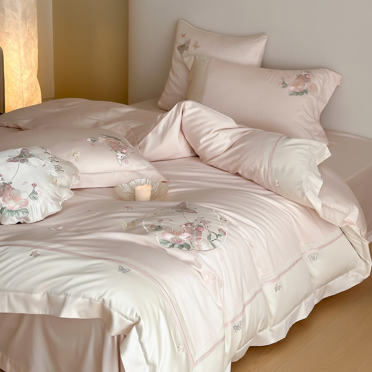 Luxus Baumwollsatin Bestickte Botanische Kaninchen Bettbezugset