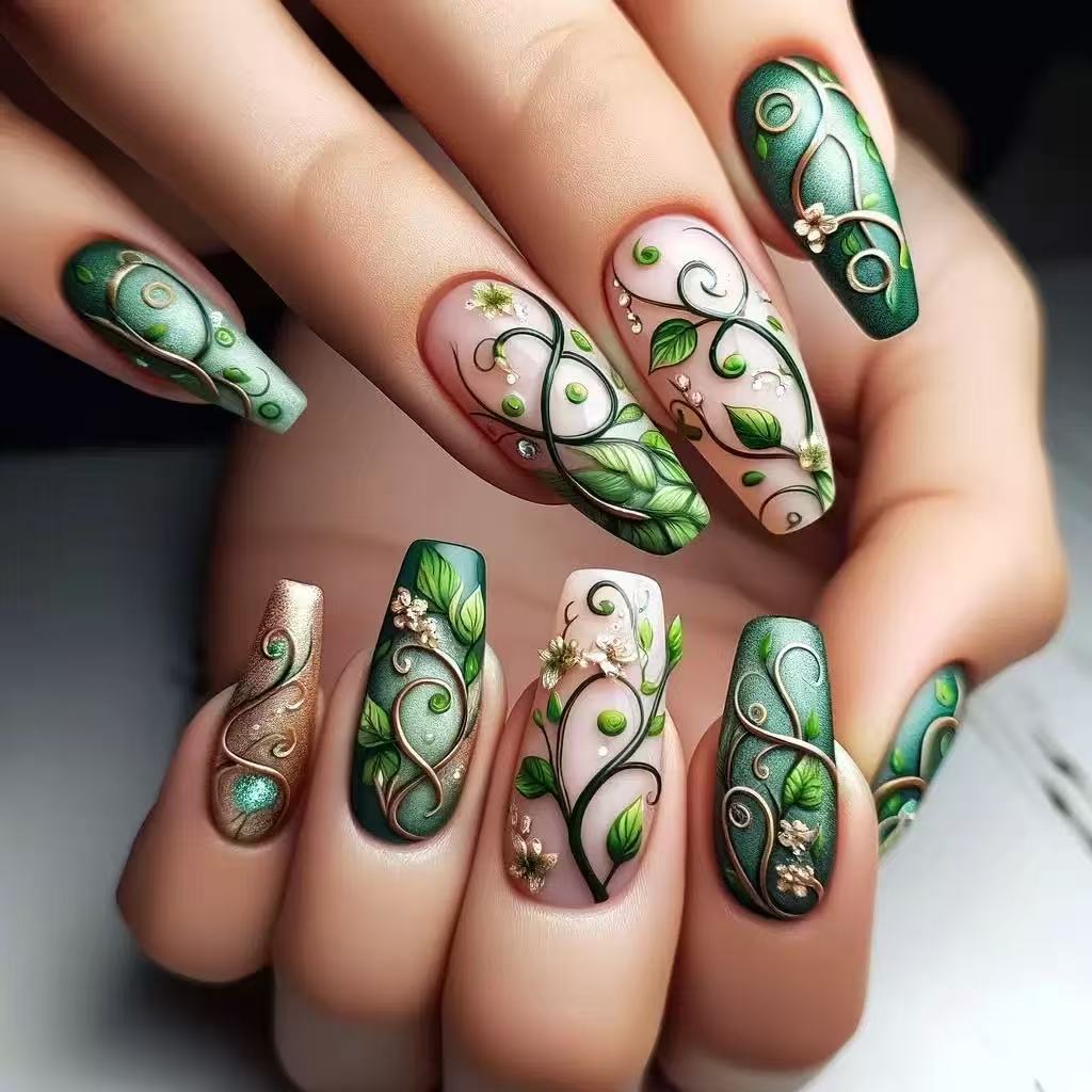 luxuriöses Kunstnagelset mit floralen Designs und detaillierten Akzenten Brehn
