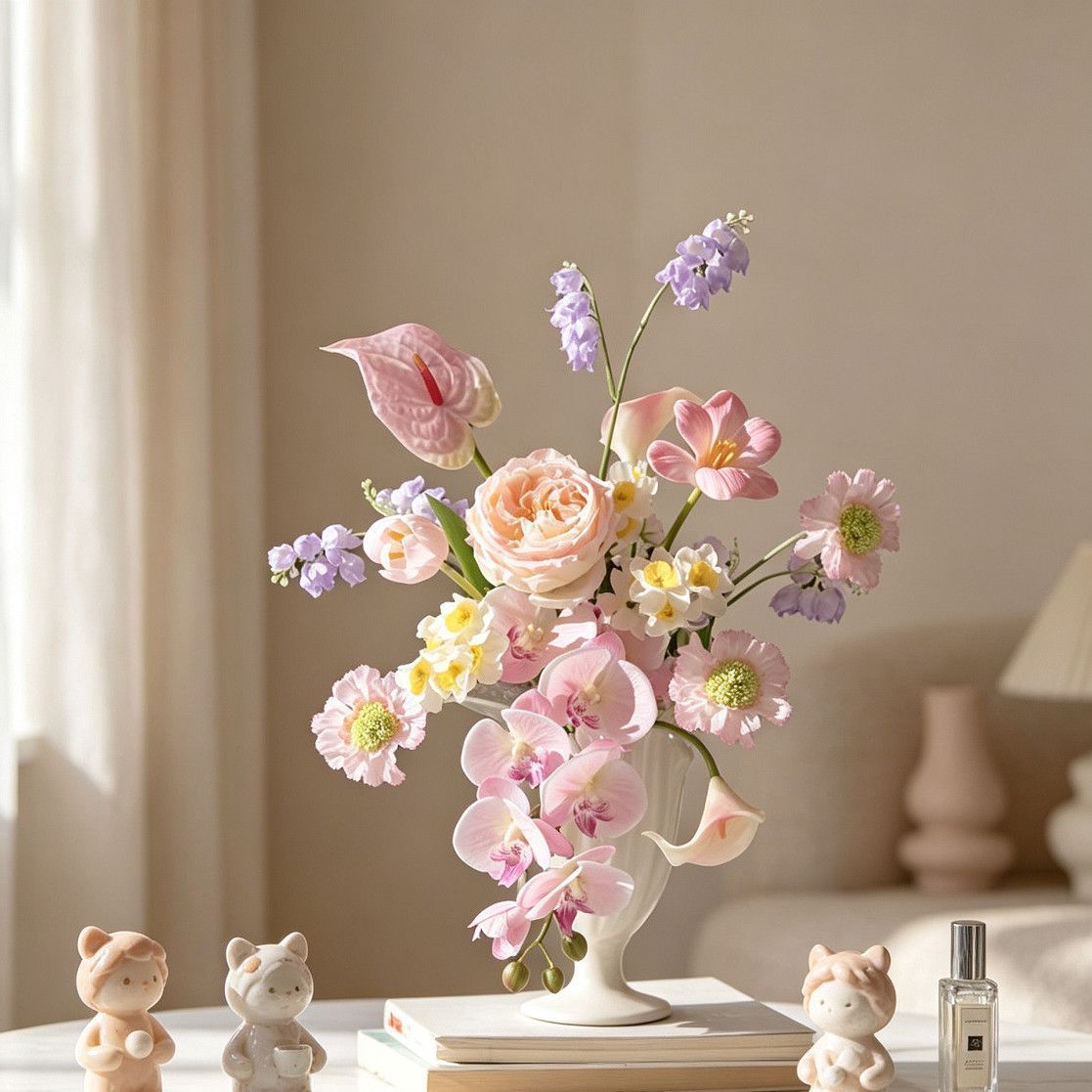 Elegante lebensechte Blumenarrangement für die Wohnkultur