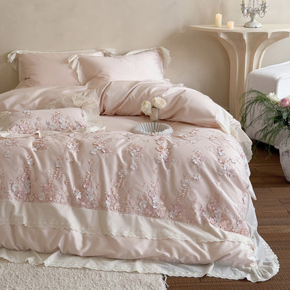 besticktes Luxus-Bettwäsche-Set aus Baumwollsatin mit Spitzenbordüre