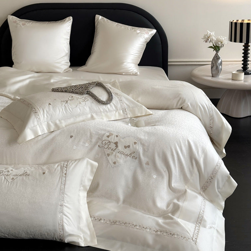 Bestickte Satinbesatz Baumwollsatin Bettbezug Set mit dekorativem Bolster