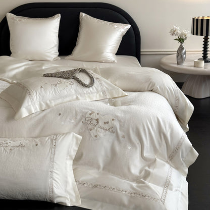 Bestickte Satinbesatz Baumwollsatin Bettbezug Set mit dekorativem Bolster