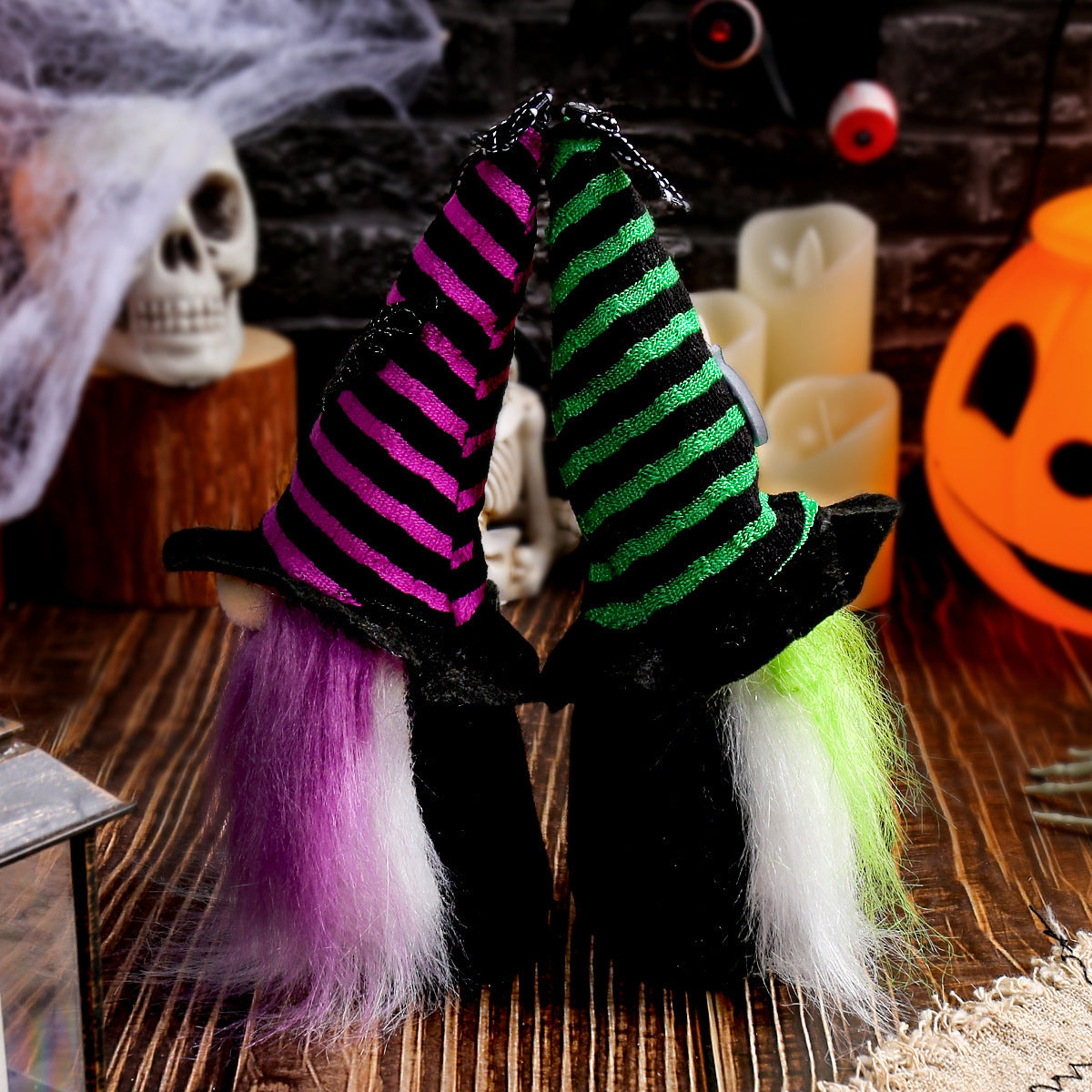 Halloween-Wichtel Dekofigur mit spitzem Hut und Kunstfellbart