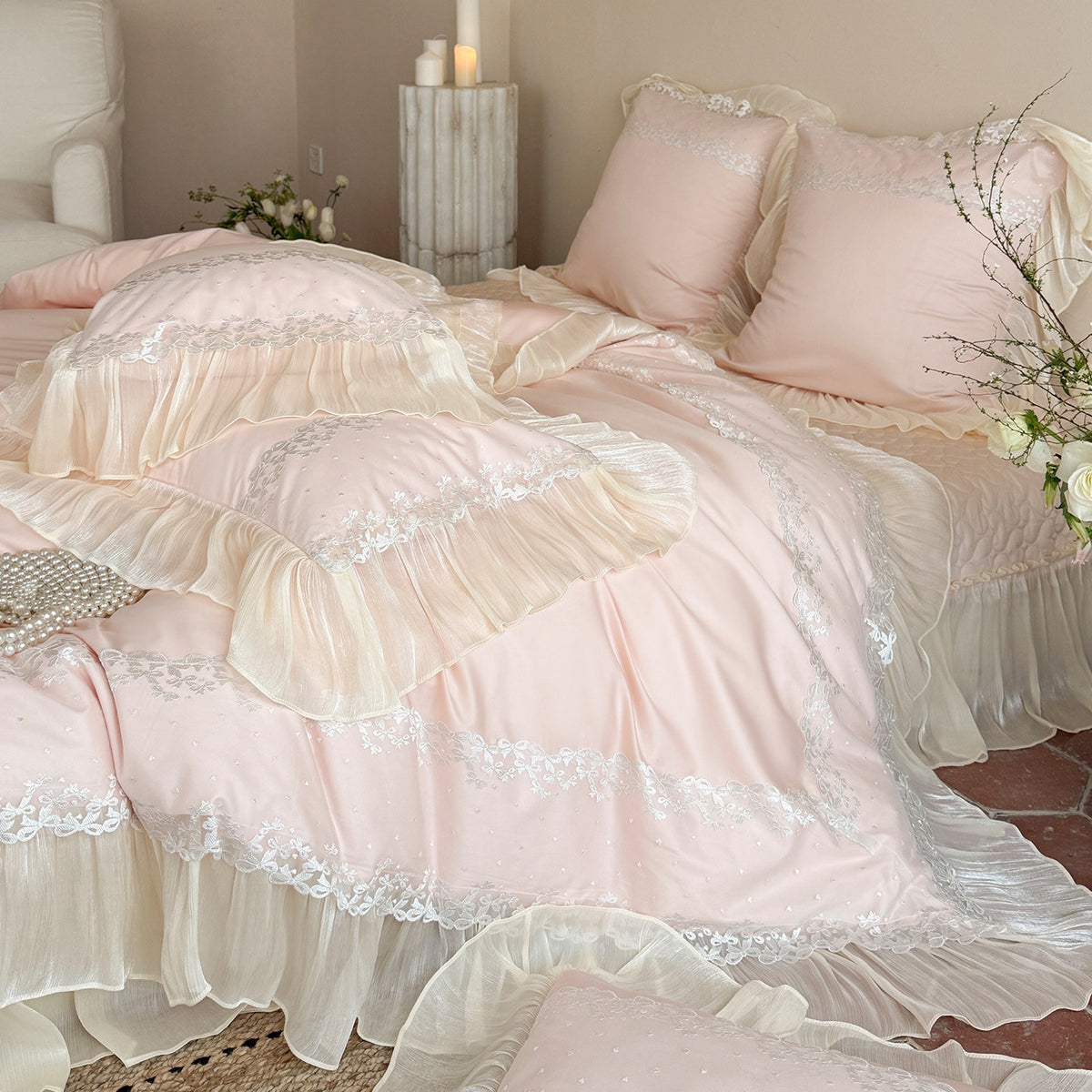 Romantisches Rüschendes Organza-Trim Besticktes Bettbezug-Set