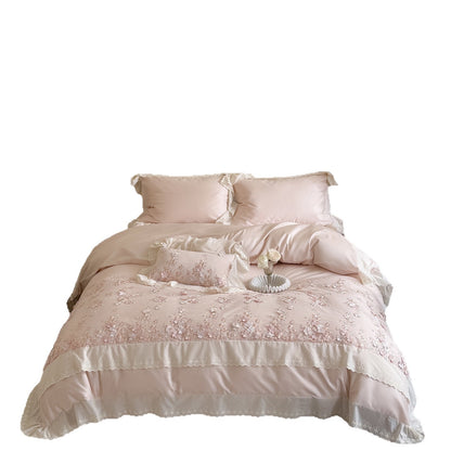 besticktes Luxus-Bettwäsche-Set aus Baumwollsatin mit Spitzenbordüre