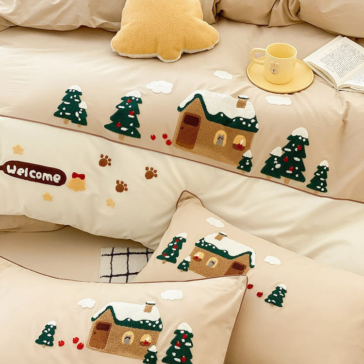 Kuscheliges Bettwäsche-Set mit bestickten Winterhaus- und Tannenbaum-Motiven