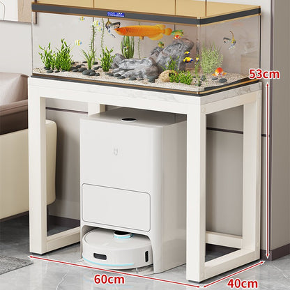 Gold-Metall-Aquarium-Konsole mit Kunstmarmorplatte und Robotersauger-Aufbewahrung