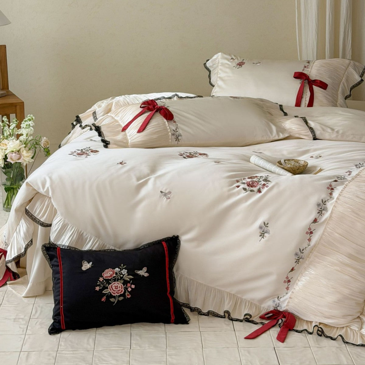 Luxuriös Bestickte Rüschende Bettbezug Bettwäsche Set
