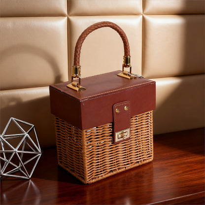 Damen Stilvoller Korb mit elegantem Lederdeckel und geflochtenem Design Brehn