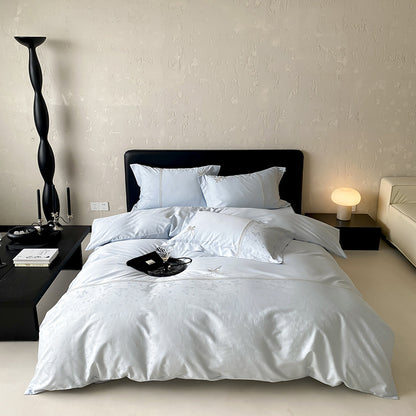 Luxus Satin Jacquard Bettbezug Set mit besticktem Blumenbordüre und Kissenbezügen