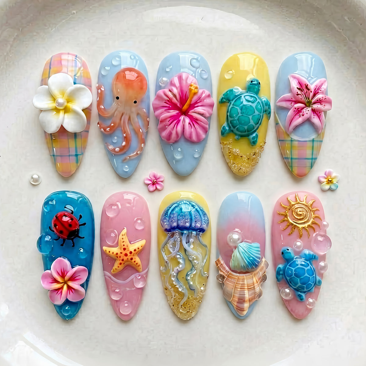 Künstlerisches 3D-Ozean-inspiriertes Press-On-Nagelkunst-Set Brehn