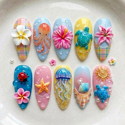Künstlerisches 3D-Ozean-inspiriertes Press-On-Nagelkunst-Set Brehn