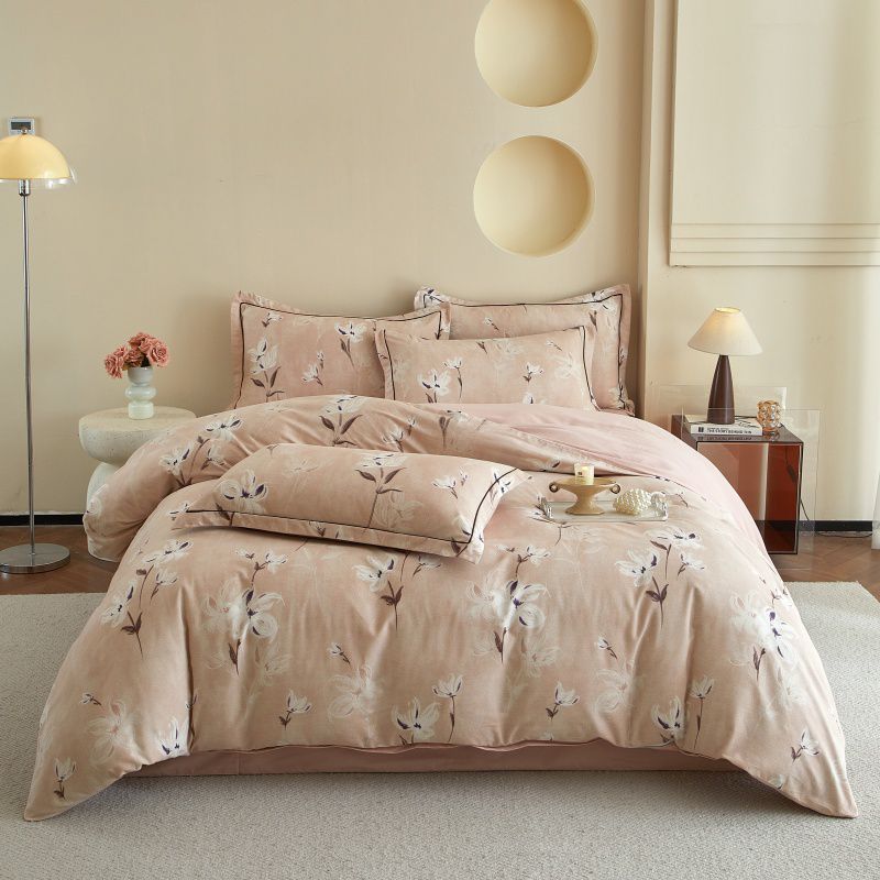 Baumwollsatin-Bettwäsche-Set mit botanischem Blattmotiv und feiner Steppverarbeitung
