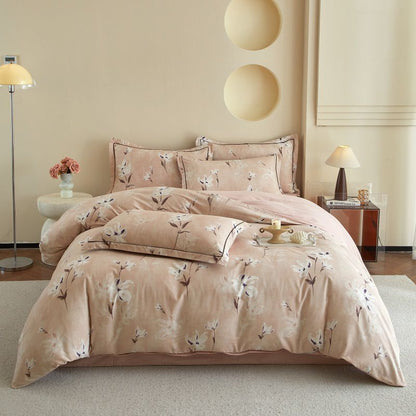 Baumwollsatin-Bettwäsche-Set mit botanischem Blattmotiv und feiner Steppverarbeitung