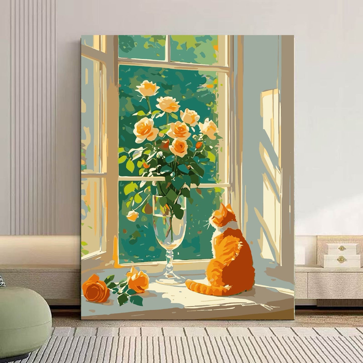 Gemütliche Katze und floral inspiriertes Leinwandkunstwerk Brehn