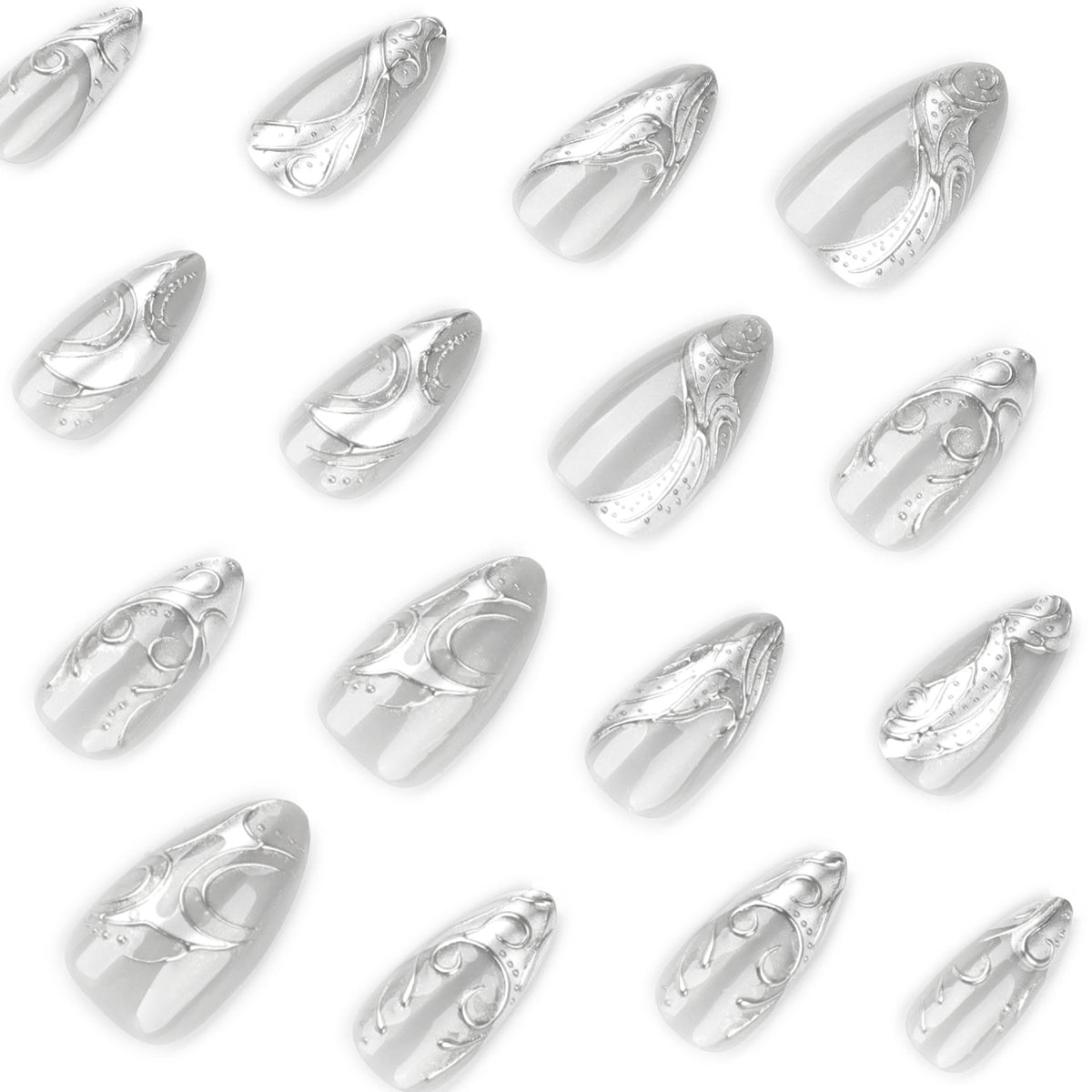 Kunstvolle Stiletto-Nägel mit elegantem Silber-Design Brehn